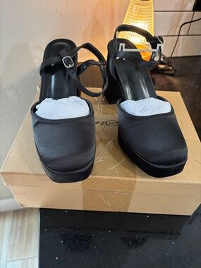 Genshuo beautiful platform black satin dress shoe